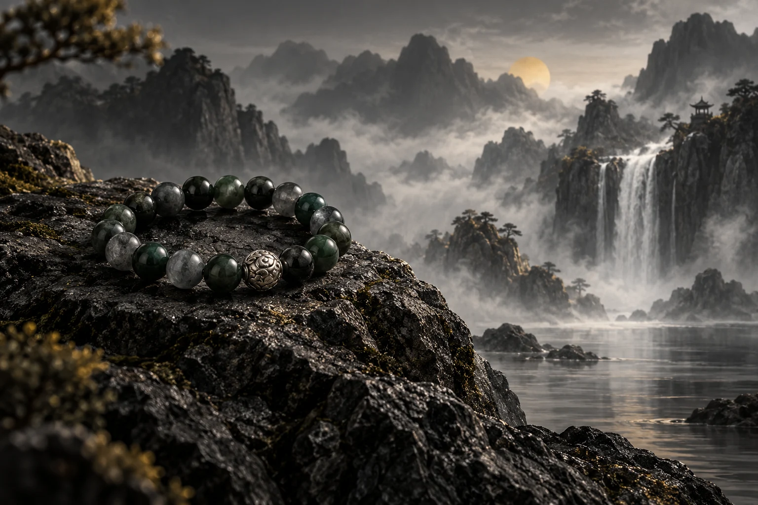 AI concept image of a dark green bracelet on a stone beside misty water